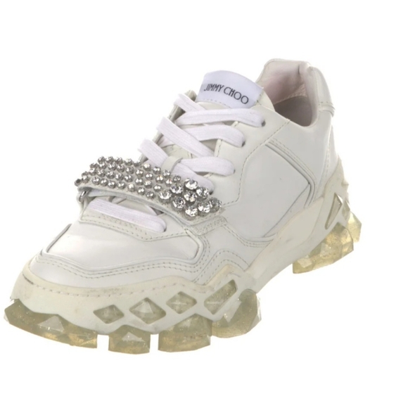 Jimmy Choo Shoes - Jimmy Choo White Leather Diamd Crystal Embellished Sneakers Size 40 WmsUS 9.5-10